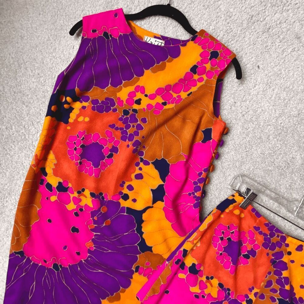 1960s Krist Vibrant Floral Print Dress/Tunic Set, Bold Psychedelic, XS/S - Picture 8 of 16